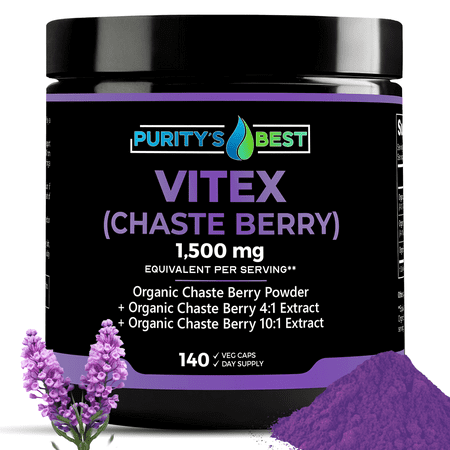 Purity's Best VITEX (CHASTE BERRY) POWDER + 4x + 10x EXTRACT 1,500mg Eq. Per Serving, Fertility and Menstrual Cycle Support, Menopausal & Hormonal Balance Support, 140 Capsule, 4 Month Supply