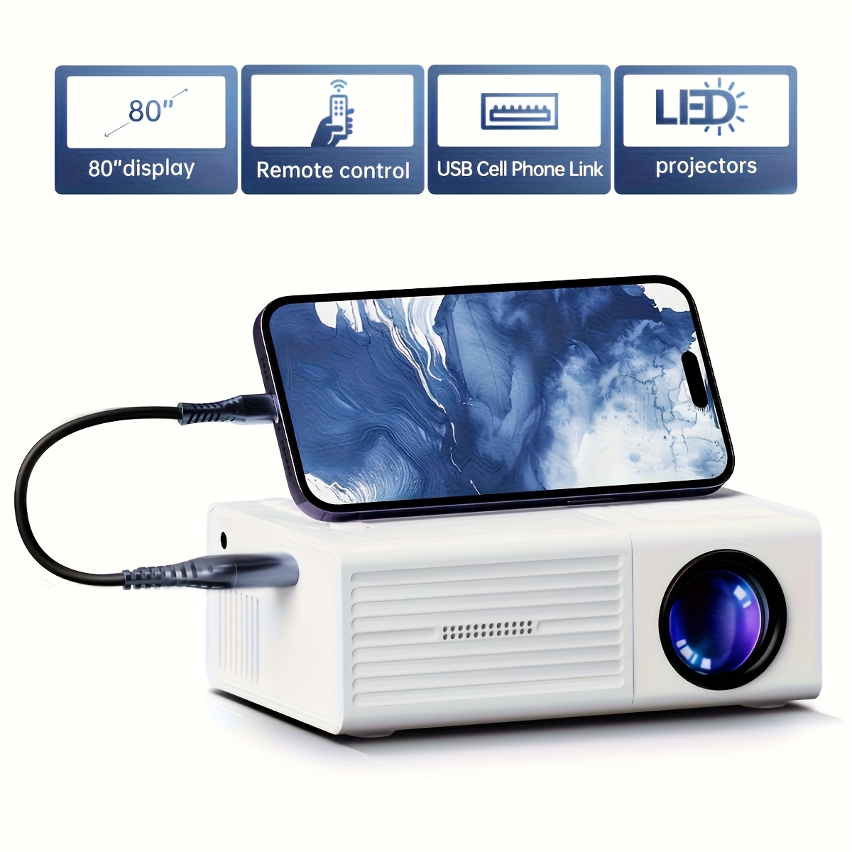 Compact Projector That Supports 1080P, Features USB Connectivity, And Comes with a Remote Control. It Is Compatible with Smartphones, Tablets, Laptops, TV Sticks, And USB Drives.