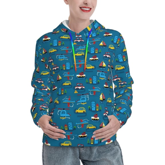 Kdxio Transportations with Buildings Print Womens Oversized Hoodies Sweatshirts Hooded Pullover Tops Sweaters Casual-Small