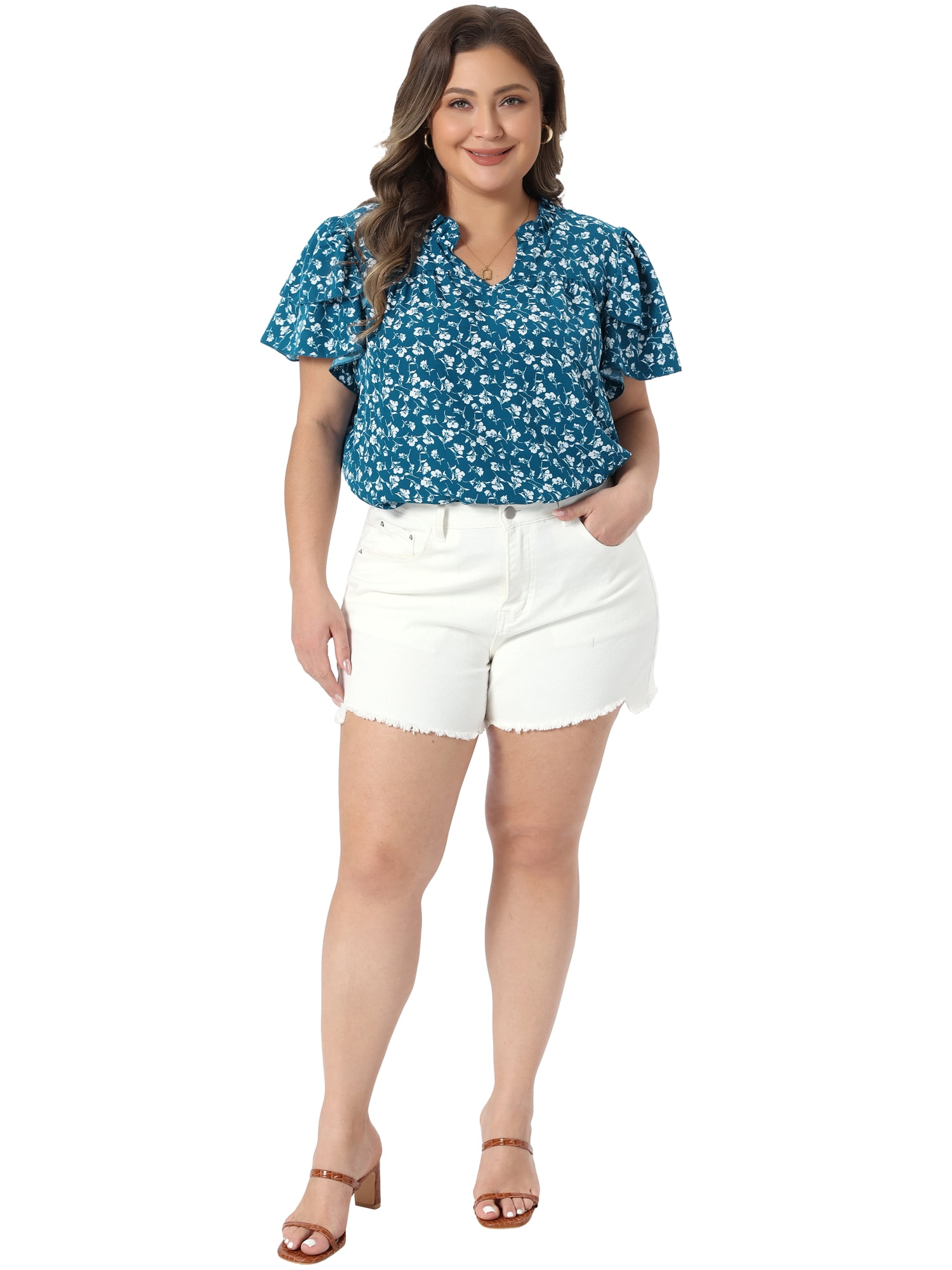 DARING DIVA Women's Plus Summer Ruffle V Neck Double Short Tops 3X Blue