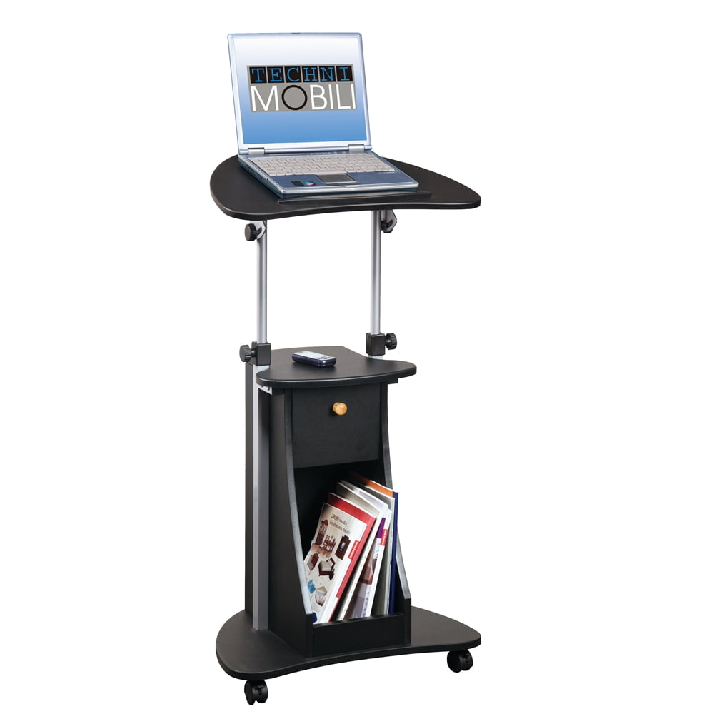 Rolling Adjustable Laptop Cart With Storage. Color Black
