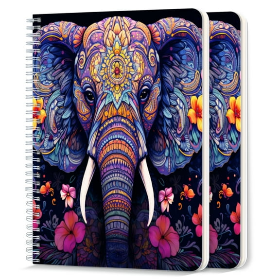 Spiral Notebook,College Ruled Journal,8.26" x 5.71" 50 Sheets/100 Pages,2 Pack - Elephant Head With Colorful Mandala Patterns With Flowers