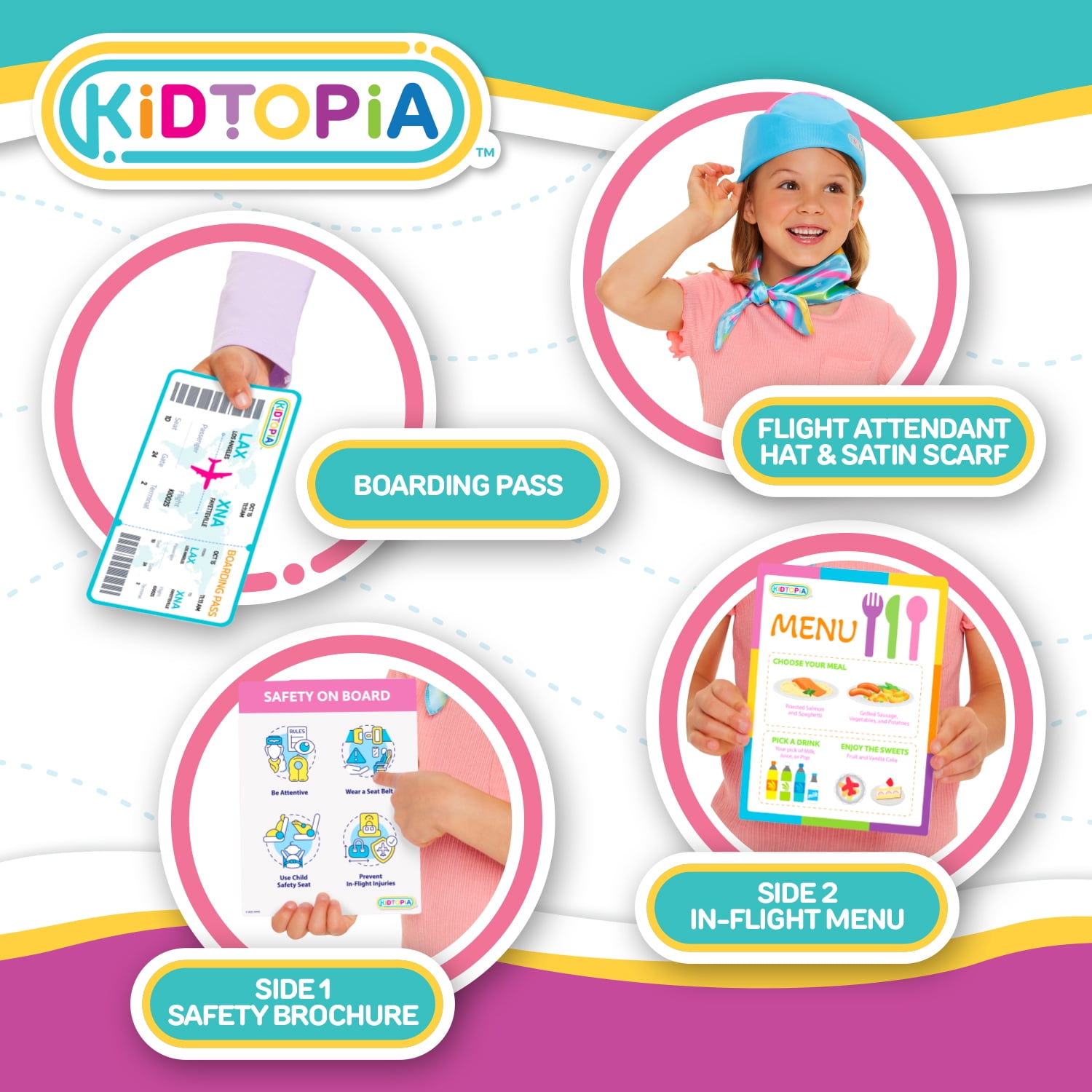Kidtopia Little Flight Attendant Role Play Set with 4 Accessories for Kids Aged 3 and Up
