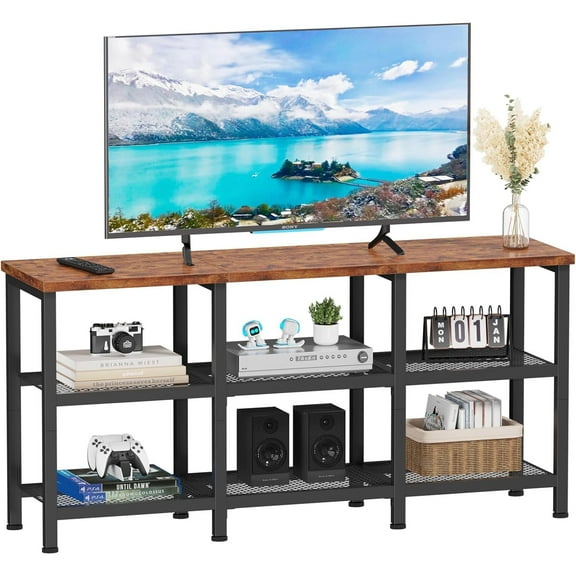 TV Stand, Small Media Console Table with 3-Tier Storage Shelves, Industrial Entertainment Center for TVs up to 50 Inch, Television Stands for Living Room, Bedroom, Rustic Brown