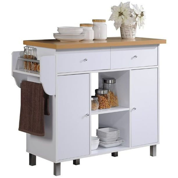 Hodedah Kitchen Island with Spice Rack plus Towel Holder in White
