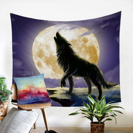 Wolf Tapestry Purple Wolf Howling in Forest and Moon Wall Hanging ...