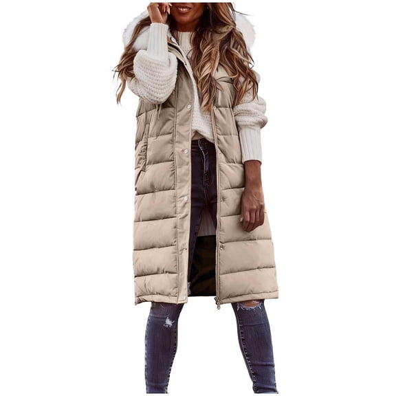 Niaviben Long Vest for Women Sleeveless Long Puffer Vest Women Quilted Vest Women Shirts Casual Womans Vest Vests for Women's Vest Beige L