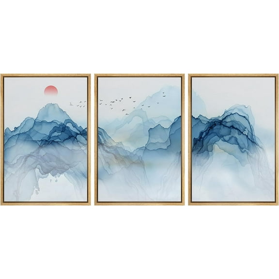 PixonSign Framed Canvas Print Wall Art Blue Wave Mountain Range Landscape Abstract Shapes Illustrations Mid-Century Modern Minimalism Scenic Relax/Calm Multicolor Zen - 16"x24"x3 Natural