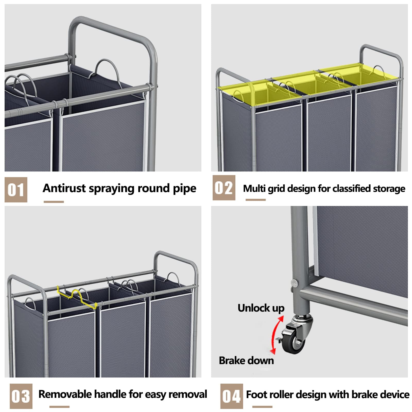 SUOERNUO 3-Bag Laundry Sorter Cart with Wheels – Heavy Duty Rolling Hamper with Removable Bags for Laundry Room Organization (Brown)