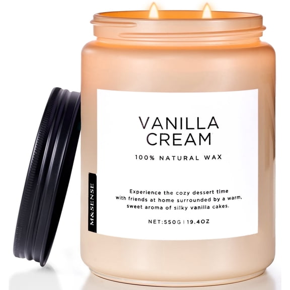 M&SENSE VanillaCream Scented Candle, 19.4oz Natural Soy Jar Candles for Home, Large 2 Wick, Up to 110 Hours Burn time, Natural Organic Fragrance