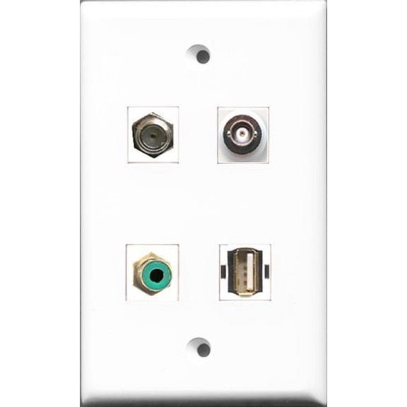RiteAV 1 Port RCA Green and 1 Port Coax Cable TV- F-Type and 1 Port USB A-A and 1 Port BNC Wall Plate