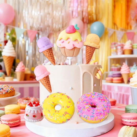 Dessert Theme Cake Topper Set - Fake Ice Cream Donut Cupcake Decorations for Party Decor