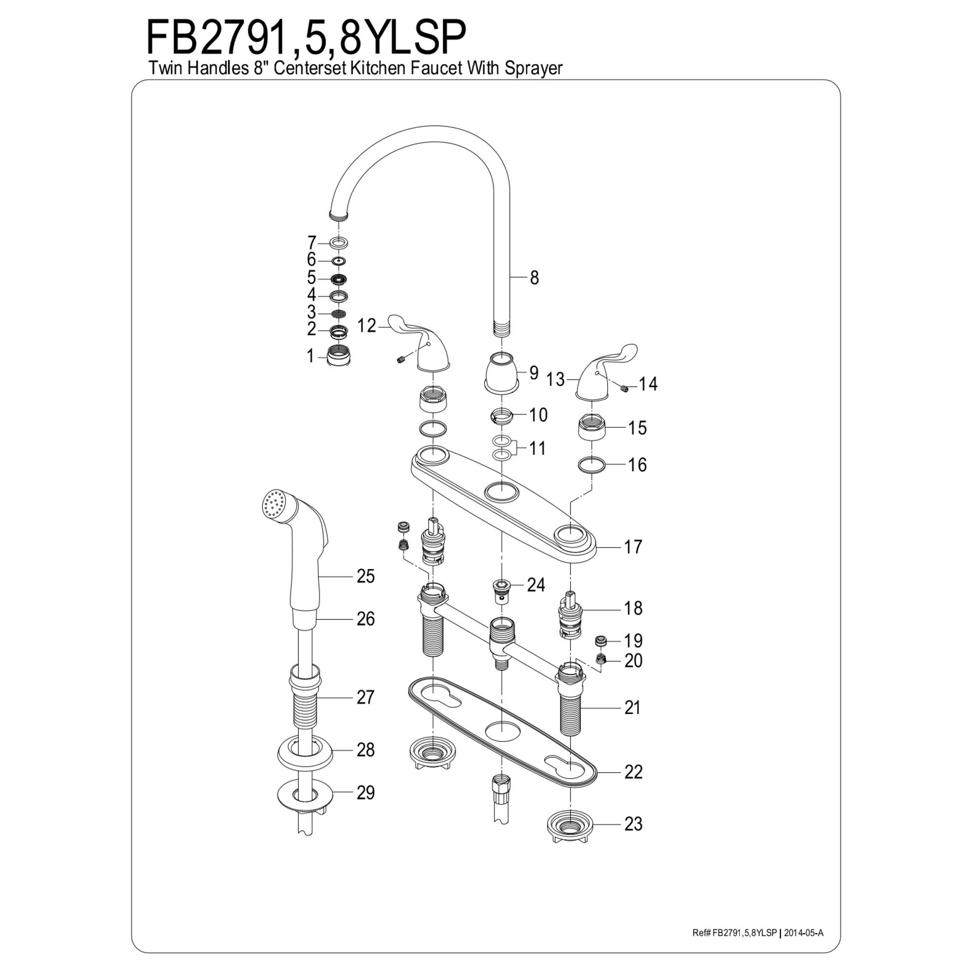 Kingston FB2791YLSP Yosemite Two-Handle 4-Hole 8" Centerset Kitchen Faucet with Side Sprayer in Polished Chrome