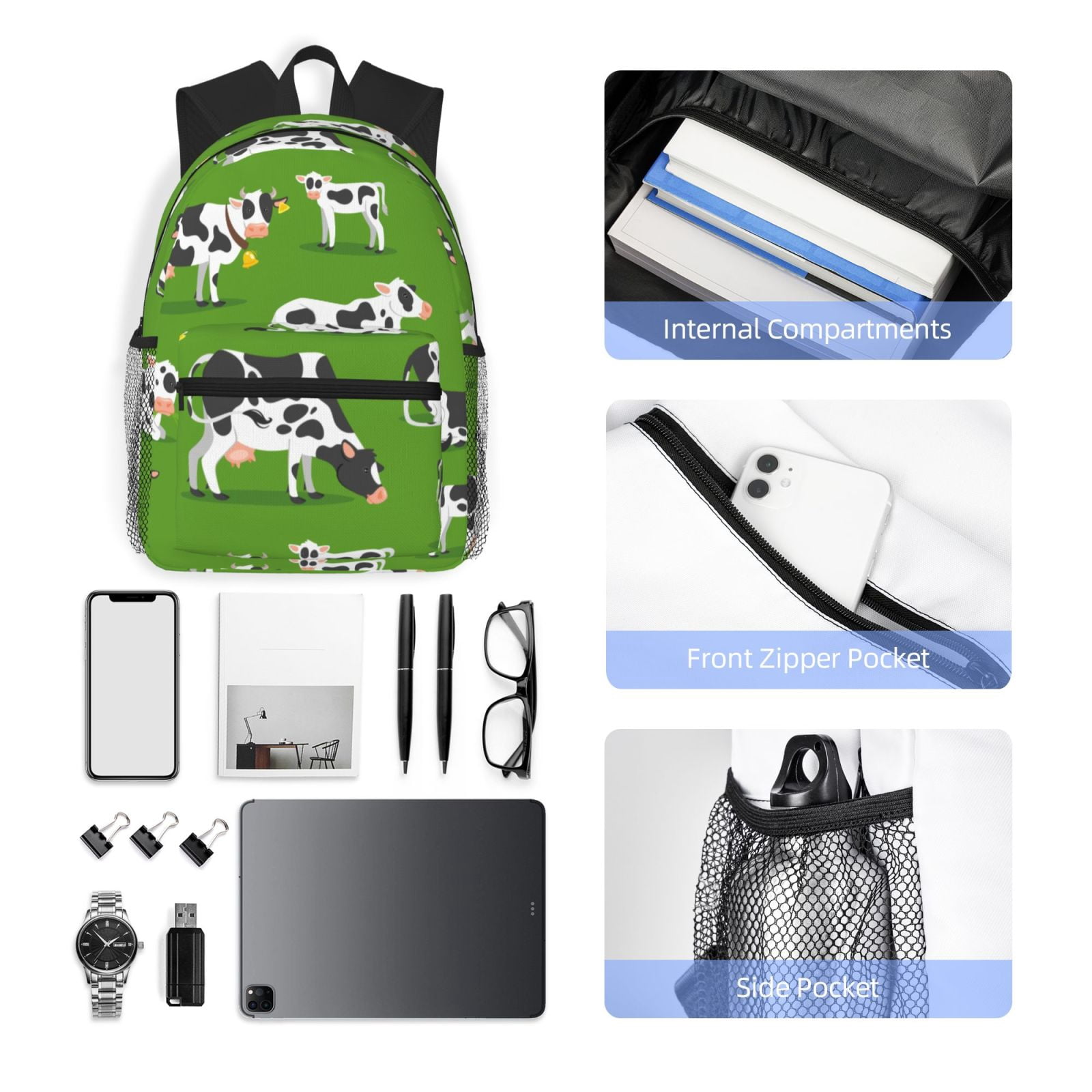 Vsdgher Cows With Calfs Green Print Unisex Large Capacity Bookbag Schoolbag Casual Daypack for High School/College/Teens/Travel/Work