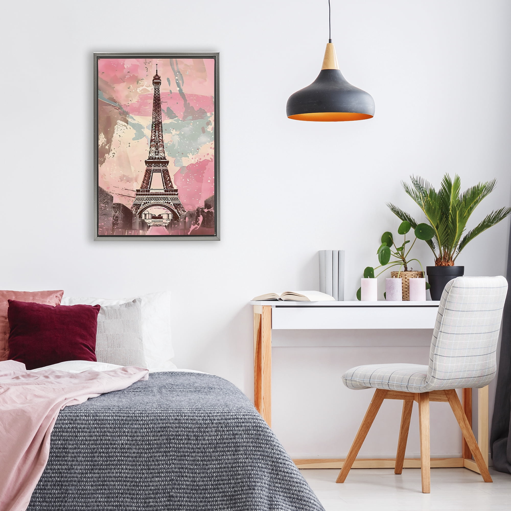 Stupell Industries Parisian Tower Pink & Blue Gray Framed Floater Canvas Wall Art, design by Creative Studio