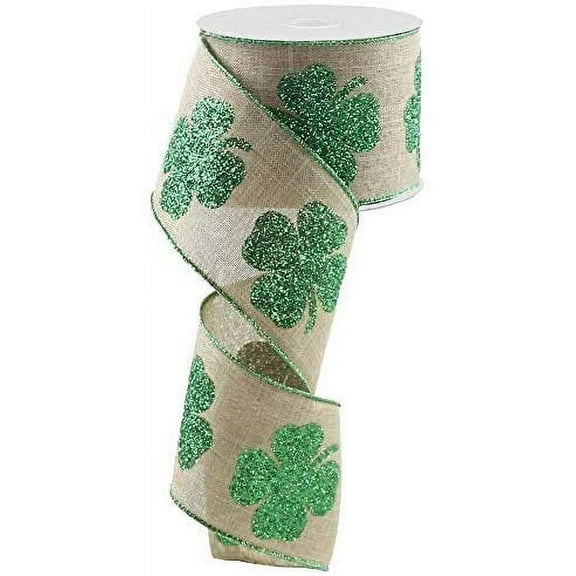 Glitter Clovers Natural Wired Ribbon - 2 1/2" x 10 Yards, St. Patrick's Day, Spring, Wreath
