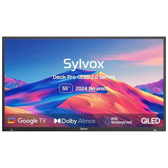 SYLVOX Outdoor TV, 55'' QLED Smart TV, Newest Google TV with Dolby Atmos, Support Google Assistant, 4K 1000nits Weatherproof TV for Partial Sun (Deck Pro QLED 2.0 New)