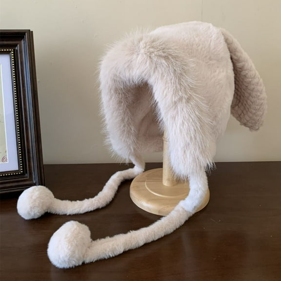 Thickened Cute Wool Soft Big Rabbit Ears Hat Warm Bucket Hat Plush Ear Protection Hat BEIGE