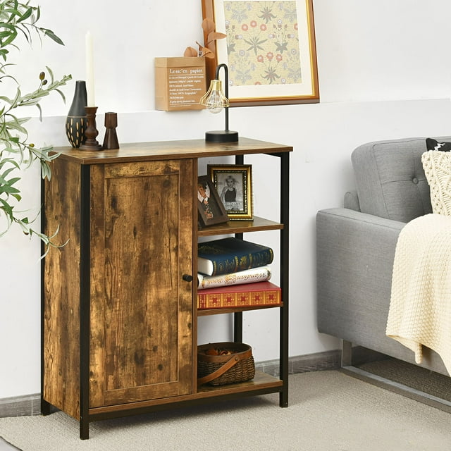 Patiojoy Storage Cabinet Multipurpose 3 Open Shelf & Door With Freestanding Cupboard