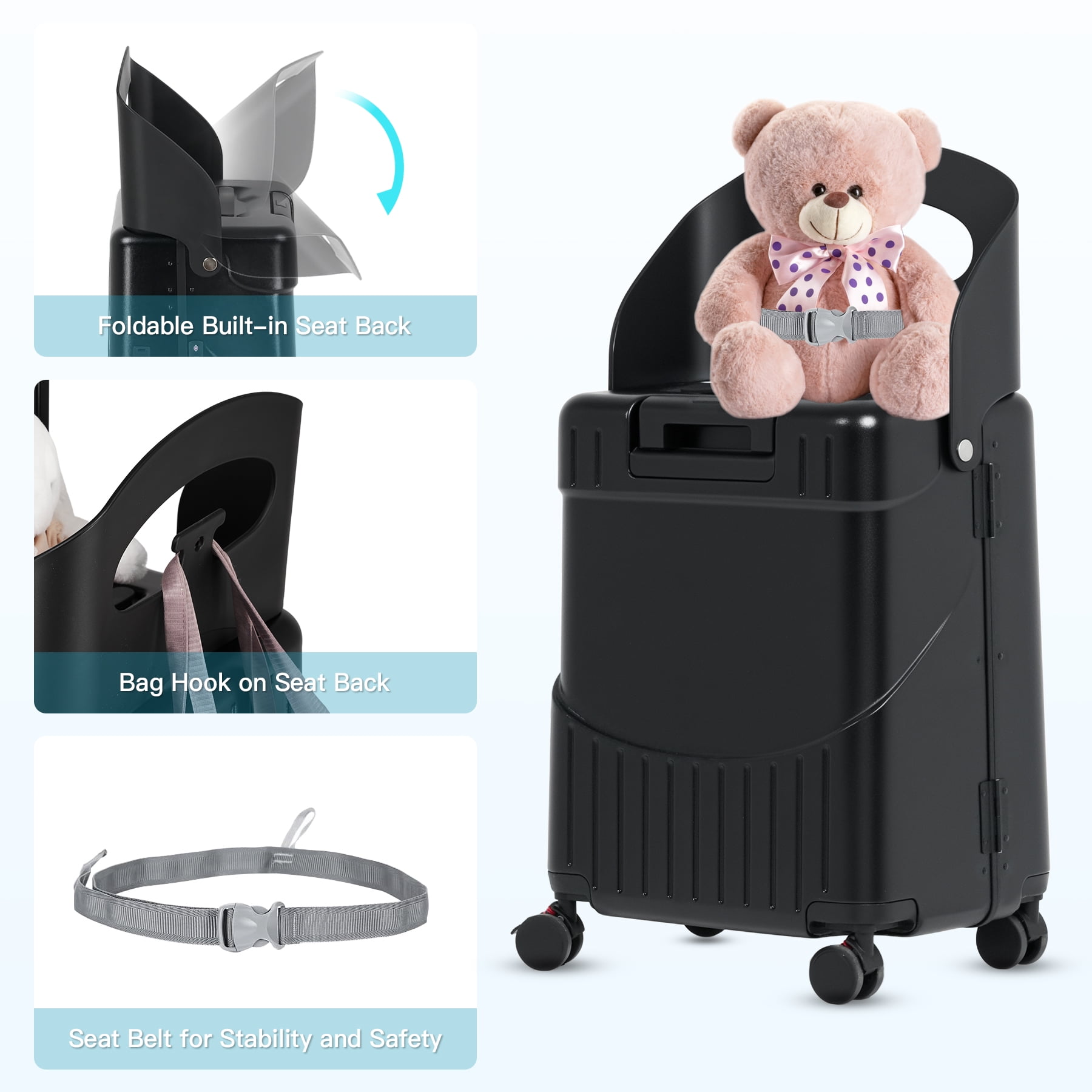 Advwin 22" Multifunctional Hardshell Ride On Suitcase with Front Opening, Child Seat, USB Port, TSA Lock & 4 Spinner Wheels, Black