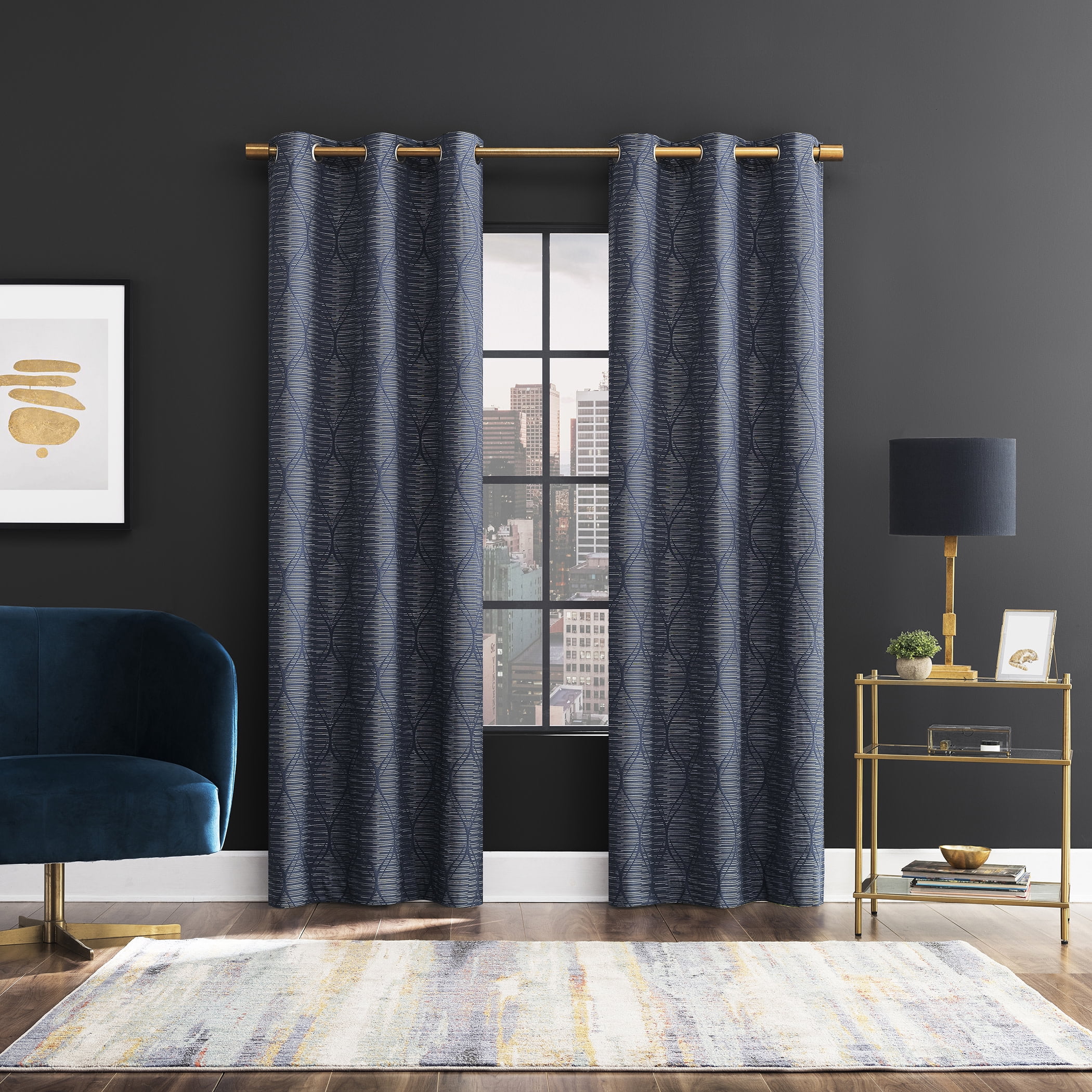 Sun Zero Alaster Geometric Ogee 100% Blackout Grommet Curtain Panel, 40"x84", Navy