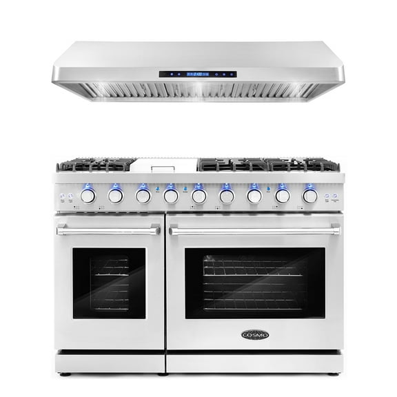 Cosmo 2 Piece Kitchen Appliance Package with 48" Freestanding Gas Range Kitchen Stove & 48" Under Cabinet Range Hood Kitchen Hood Kitchen Appliance Bundles
