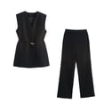 thumbnail image 5 of HH TRAF Pantalones de moda para mujer, traje sin mangas con bolsillo, cinturón, escote en V, chaleco decorado, top + cintura alta con cremallera, pantalones holgados casuales de pierna ancha, 5 of 5