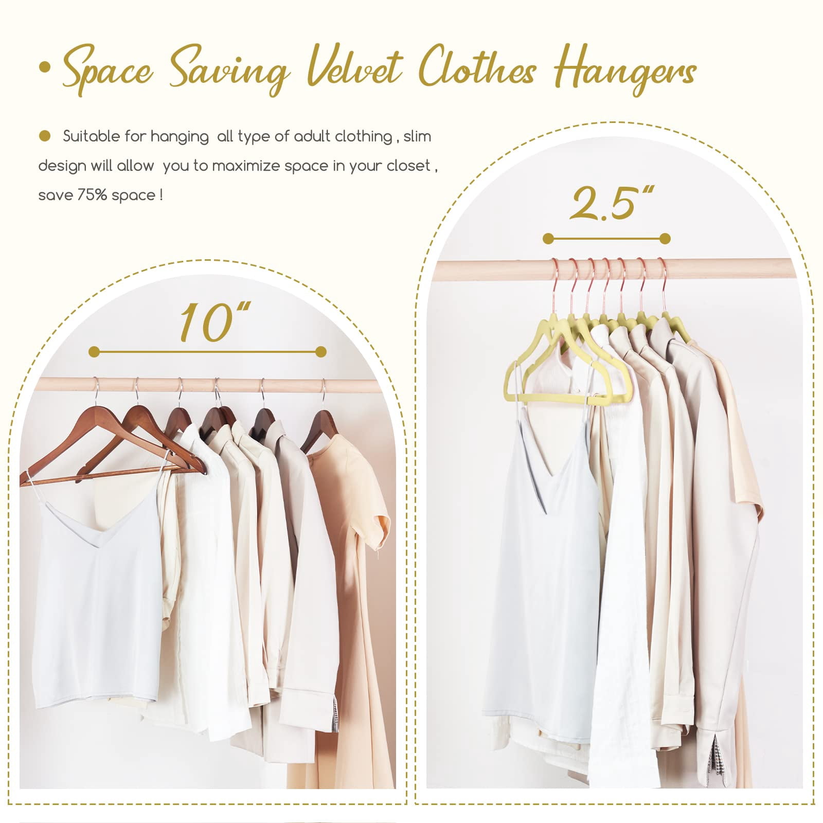 Velvet Hangers 60 Pack, Non Slip Flocked Felt Hangers, Sturdy Velvet Clothes Hangers, Cute Heart Hangers, Heavy Duty Coat Hangers, Ultra Slim Hangers for Closet Space Saving（Beige）