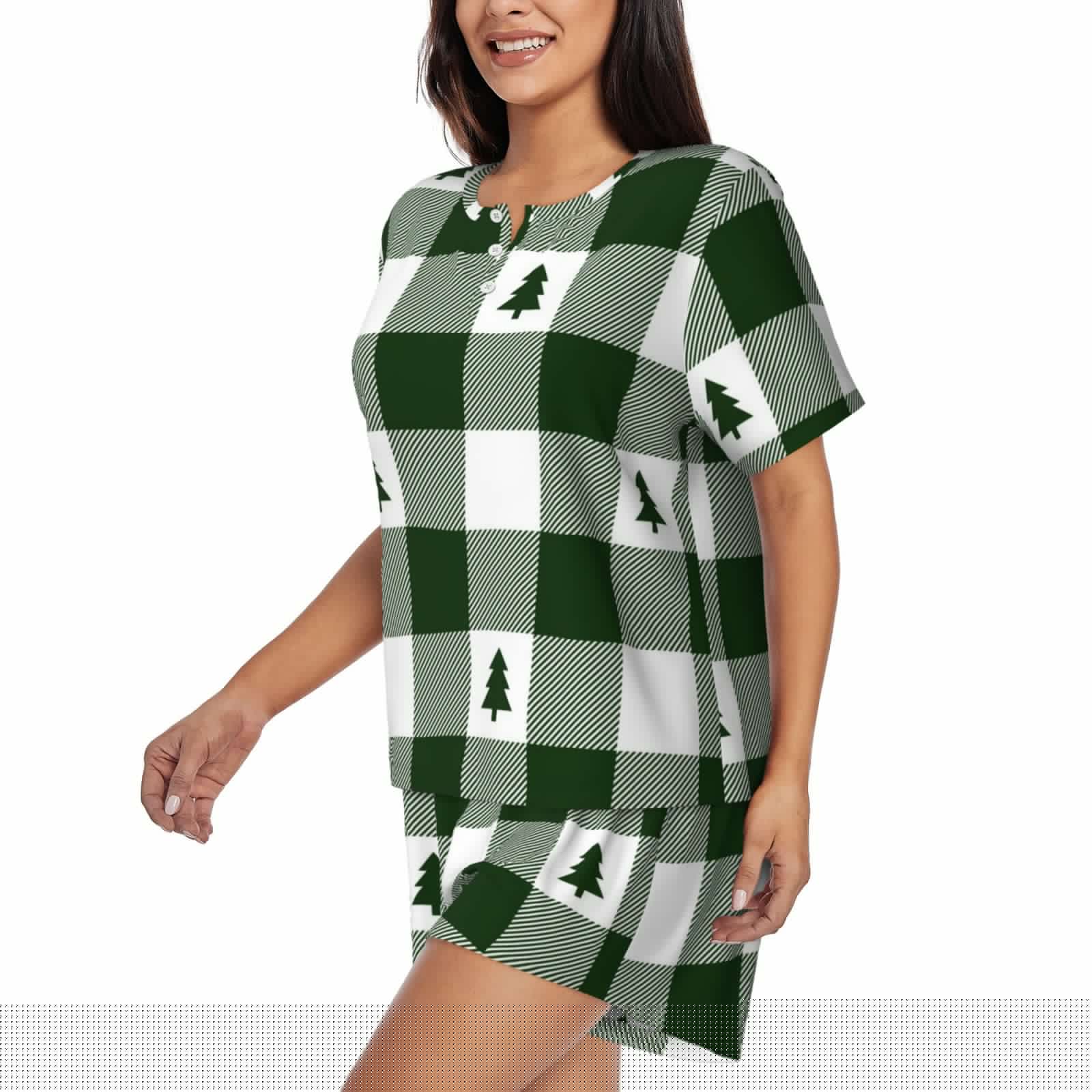 thumbnail image 2 of Naloa Green White Lumberjack Plaid Women's Short-Sleeved Pajama Set, Loungewear, Summer pajamas, Breathable Cozy - XX-Large, 2 of 9