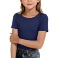 thumbnail image 2 of Resicozy Girls Shirts Cute Basic Summer Tops Ribbed Fitted Short Sleeve Tees Side Ruched T-Shirt 5-13 Years Navy 120, 2 of 7