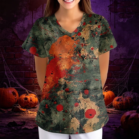 Women's Scrubs Ghost Print Scrub Tops Short Sleeve V Neck Plus Size Stretch Nursing Scrubs Medical Workwear with Pockets