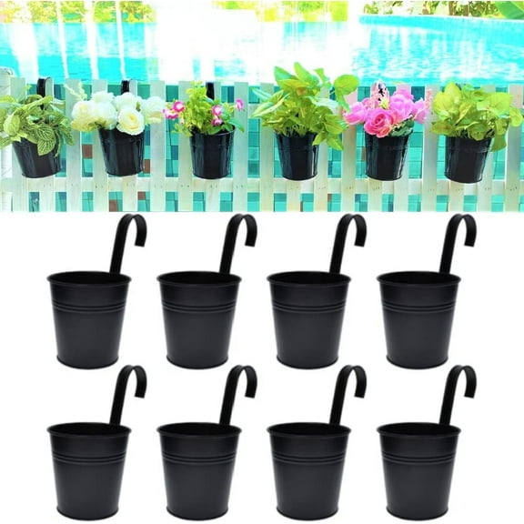 8Pack Black Fence Hanging Planters,Metal Railing Bucket,Iron Flower Pots with Detachable Hook,Outdoor Green Plant Containers,for Home Office Decoration 4Inch