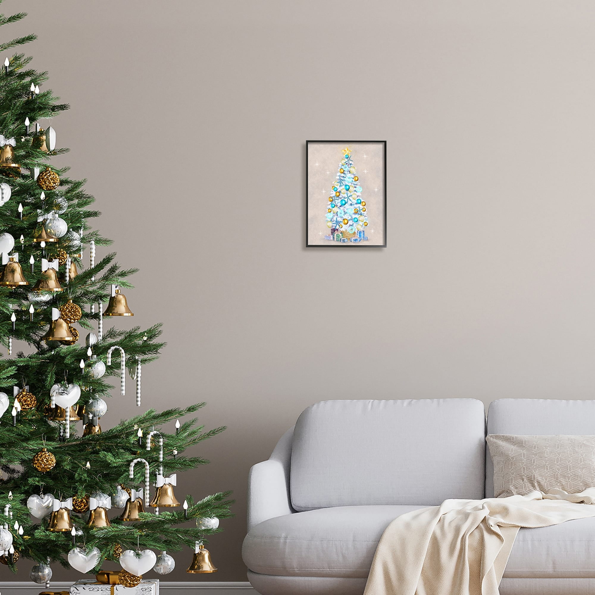 White Decorated Christmas Tree Holiday Gifts Ornaments Botanical & Floral Painting Framed Art Print Wall Art