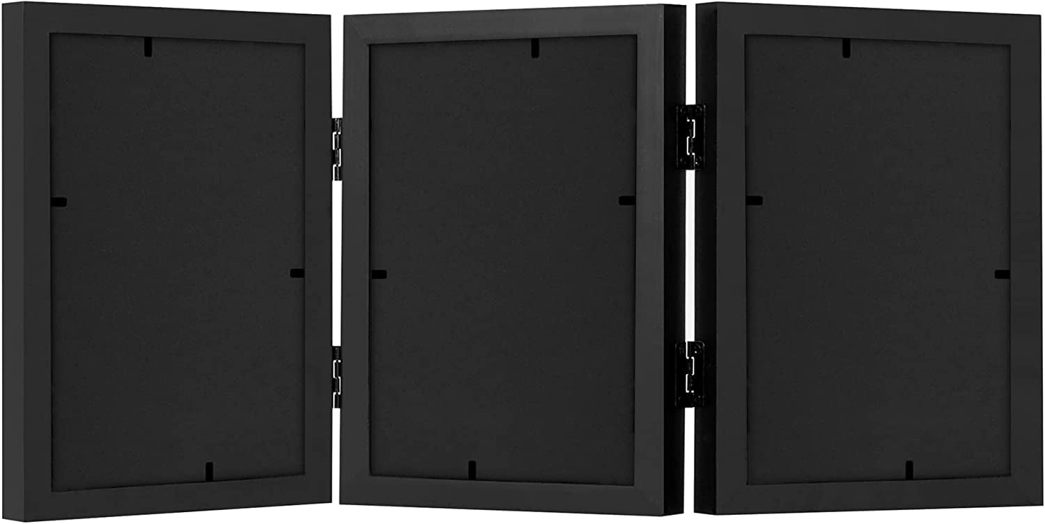 Americanflat Hinged 3 Photo Frame in Black MDF - Desk Photo Frame for 5X7" Photos - Tri Folding Picture Frame For Desk - Displays 3 Photos with Shatter-Resistant Glass Covers
