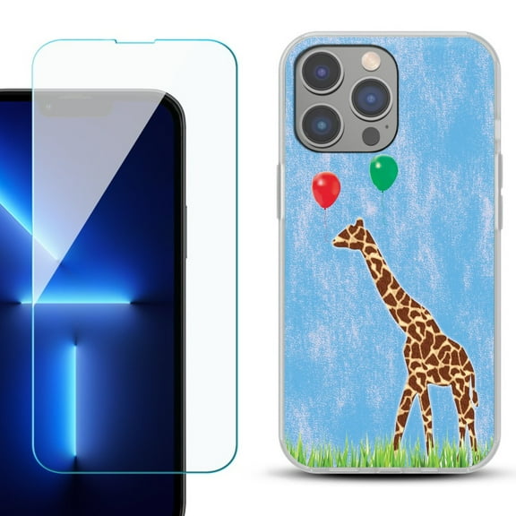 Slim-Fit Gel TPU Phone Case for iPhone 14 Pro Max, with Tempered Glass Screen Protector, by OneToughShield ® - Giraffe/Balloon