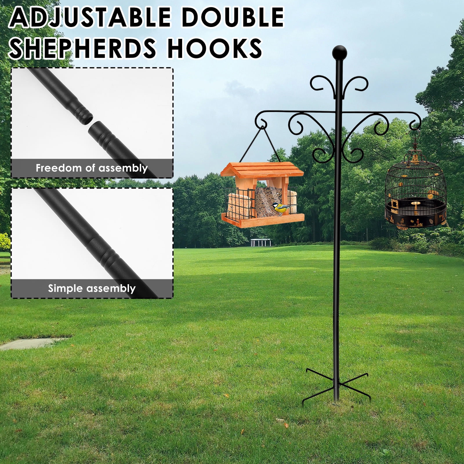 Sutowe Double Shepherd Hooks 76inch Metal Shepherd Crook Hook Rust Resistant Bird Feeder Pole with 5 Prongs Base for Bird Feeder Lanterns Plant Baskets