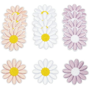 Fabric Iron On Patches, Daisy Flowers in 3 Colors (1.8 x 1.8 in, 12 Pack)