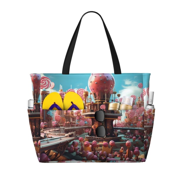 Fotbe fairy-tale-world-with-delicious-candy Bolsa de Viaje para Playa - Resistente al Agua, Bolsa Tote de Gran Capacidad y Ligera con 7 Bolsillos para Mujeres y Hombres