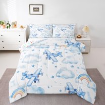 Homewish Teens Vehicle Helicopter Bedding Comforter Set, Funny Cartoon Airplane Twin Comforter Sets, Blue Stars Cloud Reversible Bedding Set, Super Cozy Room Decor, 2 Pieces