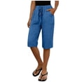 thumbnail image 5 of WQNVRNR Womens Line Cotton Shorts- Casual Elastic Waist Summer Lace Bermuda Shorts with Pockets Blue Size L, 5 of 9