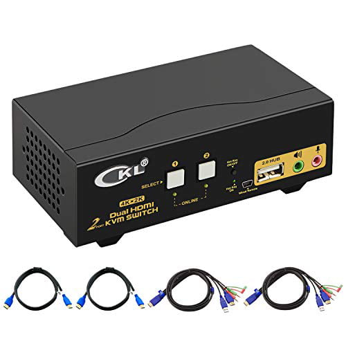 CKL HDMI KVM Switch 2 Port Dual Monitor Extended Display, USB KVM Switch HDMI 2 in 2 Out with Audio Microphone Output USB 2.0 Hub, PC Monitor Keyboard Mouse Switcher 4K@30MHz