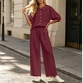 thumbnail image 6 of Zynoxe Summer Outfits for Women Stylish Collared Button Down 3/4 Sleeve Tops Drawstring Waist Pants Suit Plus Size Casual Solid Color Womens Two Piece Sets Breathable Lounge Set With Pockets S, 6 of 8