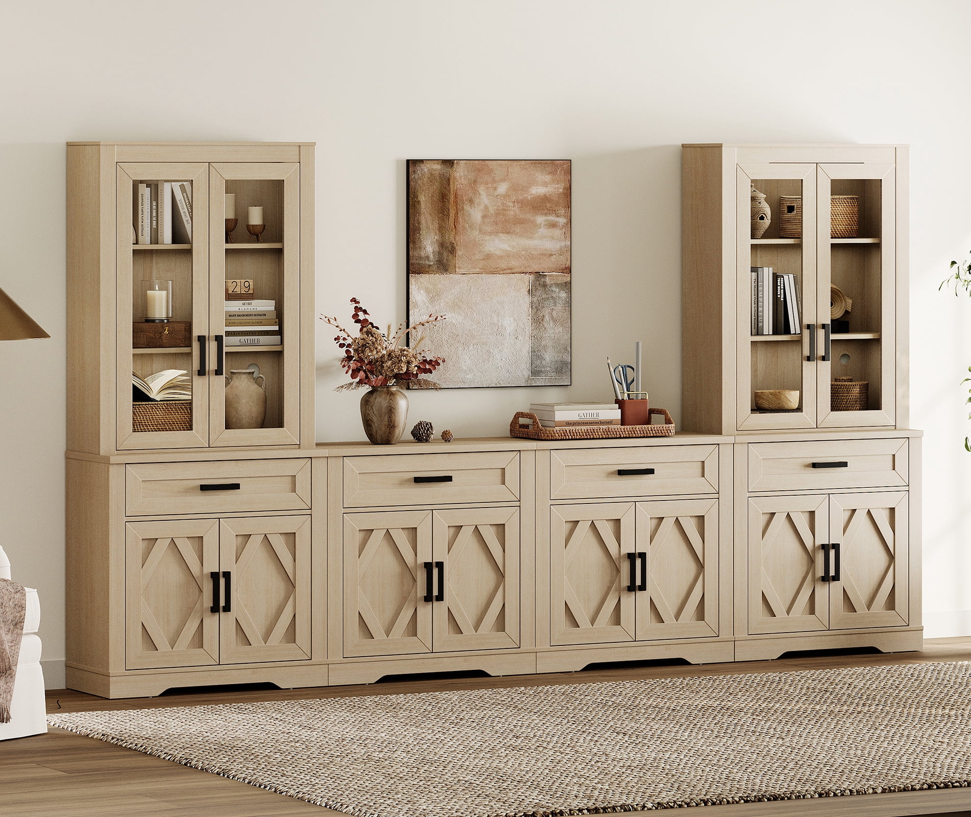 WAMPAT Farmhouse Entertainment Center with Bookshelf for TVs up to 70",Mid Century Modern TV Stand with 73"H Tall 5-Tier Bookcase with Open Storage and Barn Doors for Living Room,Bedroom,Beige