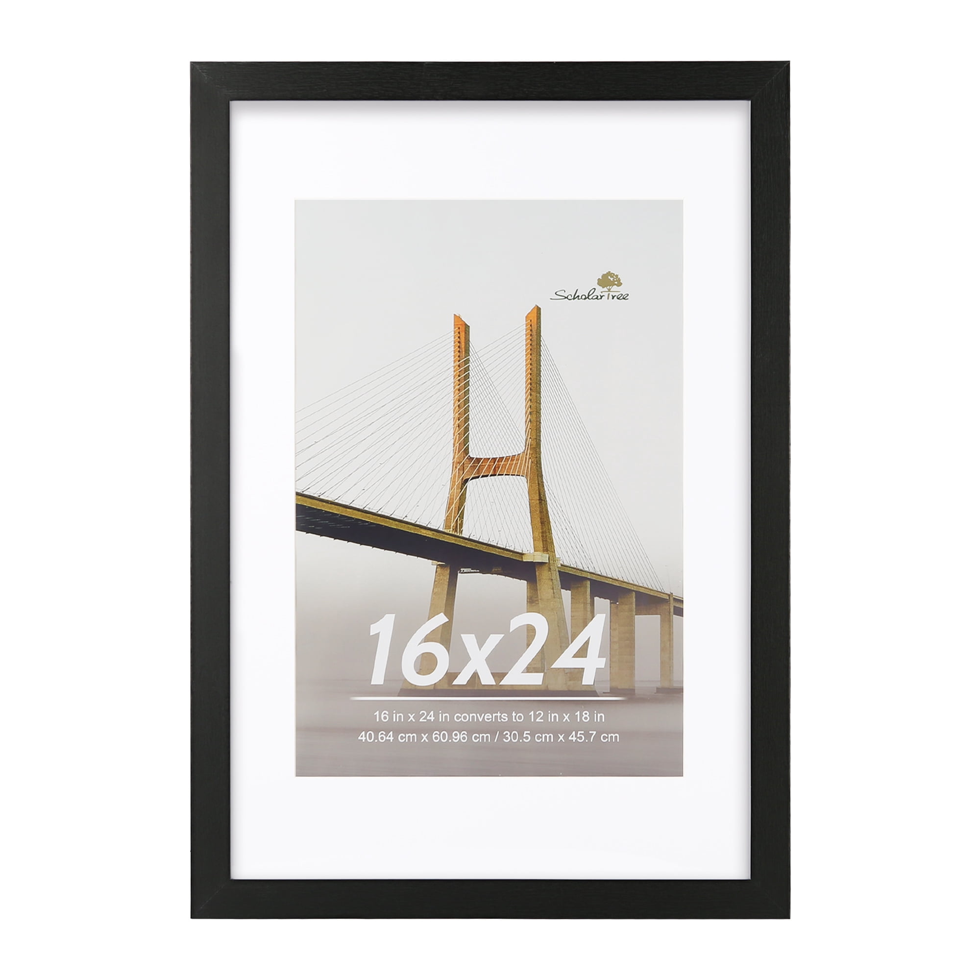 Scholartree 16x24 Wood Gallery Poster Frame, 16x24 Matted to 11x18 Wall Frames, Black
