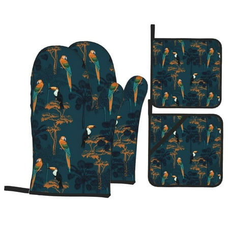 

Oven Mitts and Pot Holders Sets 4 pcs Cute Macaw Toucan Palm Tree Non-Slip Oven Gloves Potholders Soft Quilted Lining Heat Resistant Gloves Hot Pads for Kitchen Cooking Baking