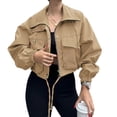 thumbnail image 2 of Lutiedan Cropped Jacket for Women Zip Up Long Sleeve Cargo Jacket Oversized Lapel Collar Utility Anorak Coat with Pockets,Khaki, 2 of 5