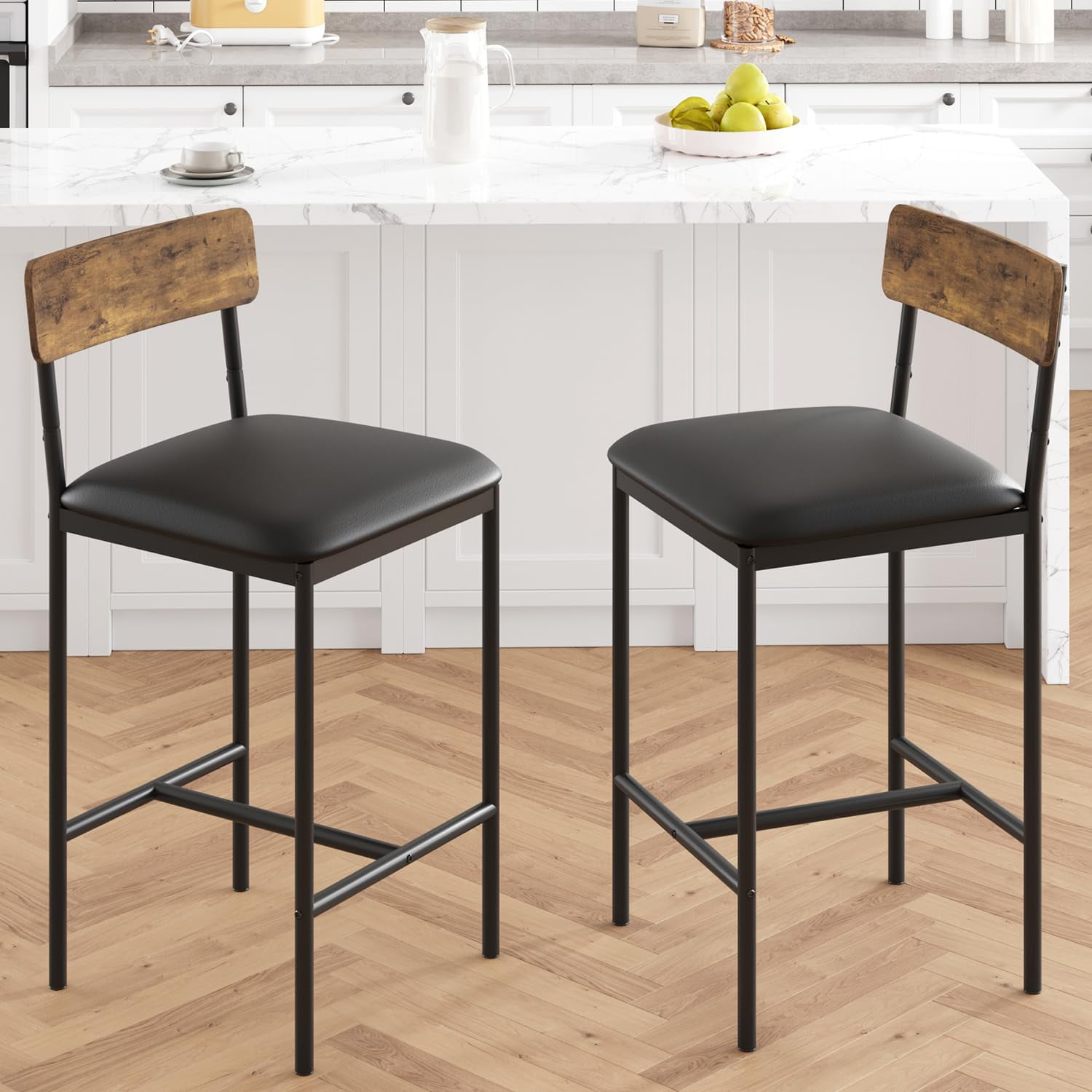 Maritcute Bar Stools Set of 2, Kitchen Bar Stools with Footrest, PU Upholstered Counter Height Barstools, Bar Chairs with Back for Kitchen Island, Apartment, Counter Bar, Easy Assembly