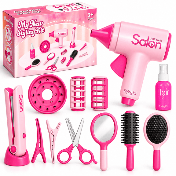Maspost 12-Piece Kids Pretend Play Hair Salon Set, Toy Hair Stylist Kit with Hair Dryer, Scissors, Combs and Accessories for Girls Ages 3-8