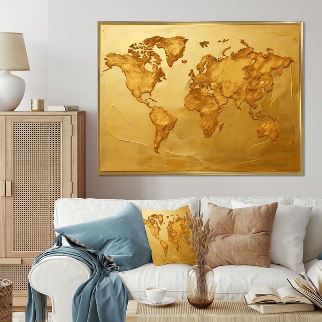 Designart World Map framed wall Art, Geographical Gold On The World Map , world map Large framed wall art decor, Gold Gold framed wall art, 32x24 inches Gold Frame