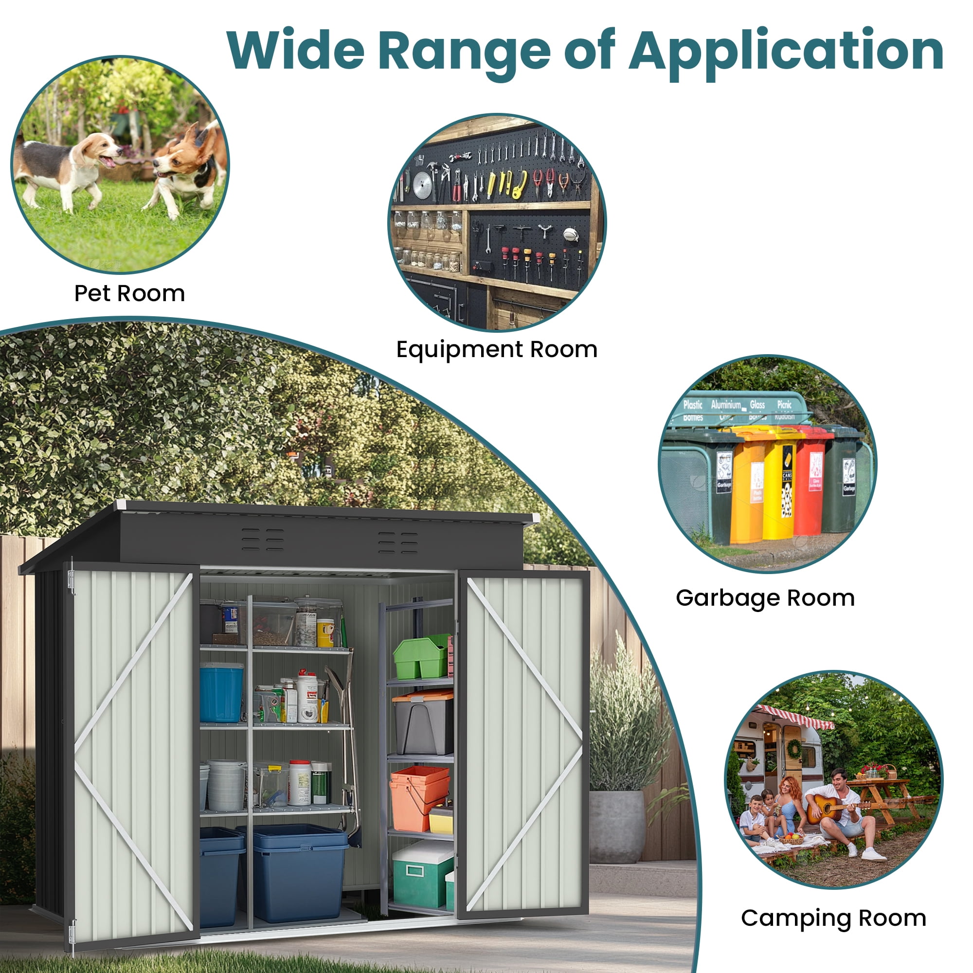 Sesslife 6' x 4' Outdoor Storage Shed, Patio Galvanized Steel Metal Shed with Sliding Doors, Garden Shed with Vents for Tools, Lawn Mover, Bike, Black